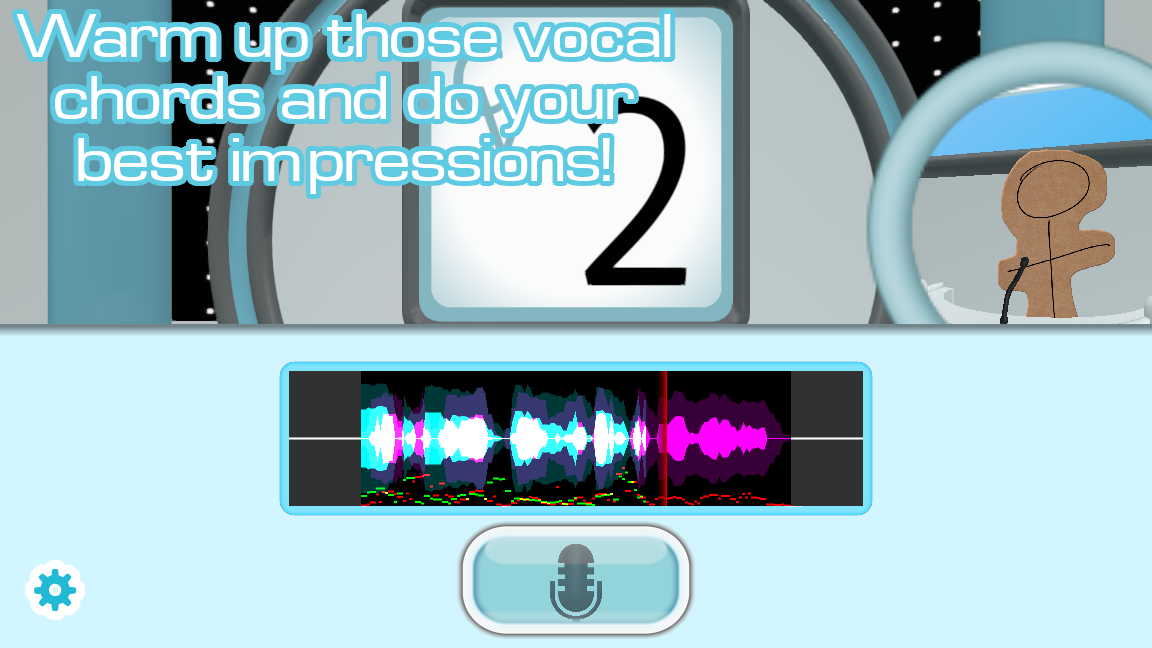 The Choicer Voicer performance screen: a 3-2-1 countdown with the text Warm up those vocal chords and do your best impressions, a waveform of the reference clip and the record button